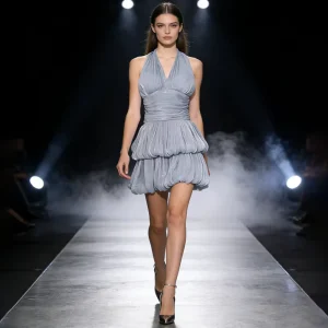 Summer New Fashionable French V neck Shiny Pleated Waist Women’s Dress