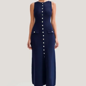 Summer New Fashionable Style Sleeveless Single Breasted High Waist Slimming Long Dress for Women’s Knitted Dress Sweater