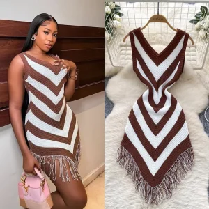 Summer New Fashionable V-Neck Retro Slim Fit and Irregular Tassel Women’s Dress
