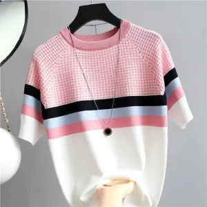 Summer New Korean Contrast Color Ice Silk Knit Sweater Women’s Pullover Slim Fit Splicing Color T-shirt Short Sleeve
