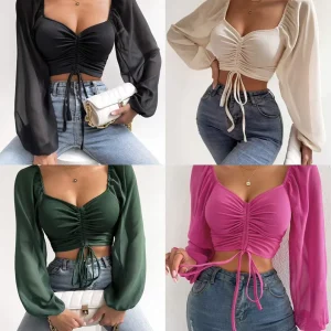 Summer New Low Cut Sexy V neck Chiffon Drawstring Lantern Sleeve Tight Fashion Lady Sexy Shirt Top