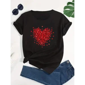 Summer New Retro Women’s T shirt Red Heart Fashion Printing Short sleeved Casual Street Sports O Collar T Shirt