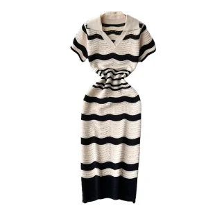 Summer New Style Women’s Slim Hip Covering Embroidered Dress Striped Knitted Natural Waist Length Floor Length Skirt Simple