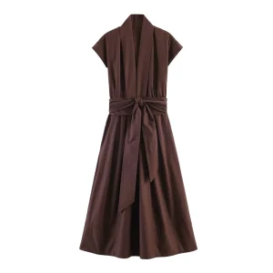 Summer New Women’s Button-Closed Bow Adjustable Waist Belt V-Neck Short Sleeve Dress