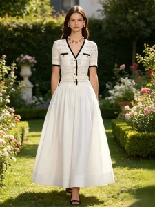 Summer New Women’s French Fashion Elegant V-neck Short Sleeve Long Pure White Knitted Dress