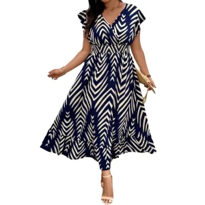 Summer New Women’s Plus Size Elegant Short Sleeve Casual V Neck Floral Flowy Party Bohemian Dress for Holiday