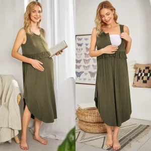 Summer Nursing Maternity Dress Women’s Homewear Nightgown Modal Rayon Spandex Casual Ruching Pleated Long Skirt