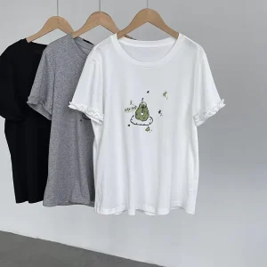 Summer Pear Printed Letter Fashion Short Sleeved T-Shirt Women’s Versatile Lace Short Sleeved Top
