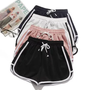 Summer Plain Elastic Waist Drawstring Polyester Hot Shorts Side Striped Women’s Gym Sports Shorts