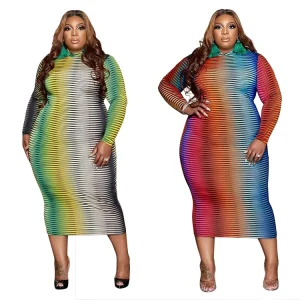 Summer Plus Size Women Clothing Casual Versatile Long Sleeve Colorful Gradient Plus Size Women’s Dress