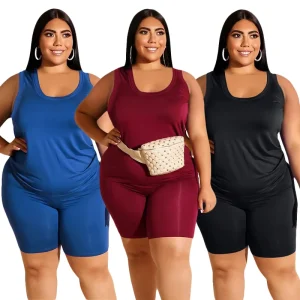 Summer Plus Size Women Clothing Sportswear Crop Top Vest Solid Color Women’s Plus Size Sets