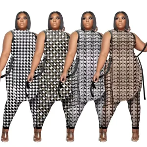 Summer Plus Size Women Clothing Geometric Pattern Print Plus Size Women’s Two Piece Pants Set
