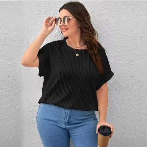 Summer Plus Size Women’s Casual T-shirt Solid Color Round Neck Short Sleeved Top