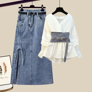 Summer Plus-Size Women’s Suit Versatile Waist-Cinching Breathable Long Solid Casual Shirt Shorts Two-Piece Front Trendy Set
