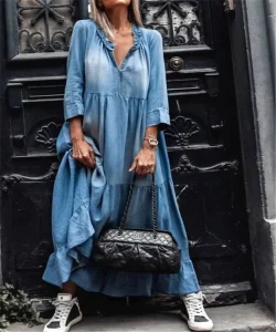 Summer Retro Leisure Commuting Long Sleeved Washed Denim Women’s Dress