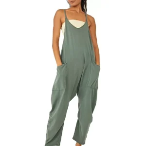 Summer Romper Jumpsuit With Pockets Zipper Women’s Solid Loose Sleeveless Jumpsuits Spaghetti Strap Long Pant