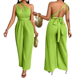 Summer Rompers Women’s Solid Color Diagonal Collar Waist Rompers Casual Pants