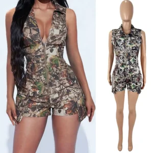 Summer Rompers for Women Zipper Fly Sleeveless V neck Pockets Casual One Piece Rompers