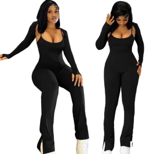 Summer Sexy Women’s Rompers Long Sleeve Combination Bodysuits Two Piece High Waist Bodycon Breathable Jumpsuits