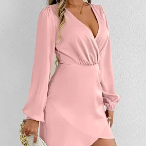 Summer Sexy Women’s Satin Deep V-neck Long Sleeved Dress Waist Cinched Dress Short Skirt Dress