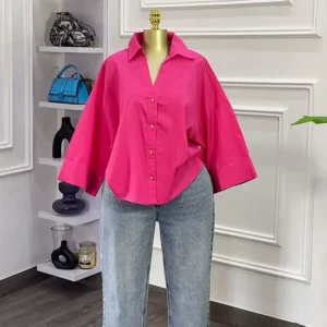 Summer Shirts Ladies Long Sleeve Polo Collar Loose Blue Striped Shirts Elegant Blouses for Women