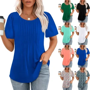 Summer Short Sleeve Women’s T Shirt Custom Logo Casual Scooped Neck Tops Blouses Pleated T Shirts