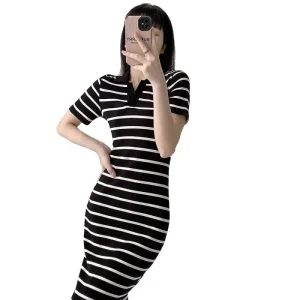 Summer Short-Sleeved Slimming Sexy Long Skirt V-Neck Hip Dress Black and White Striped Knitted Dress Women