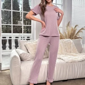 Summer Short Sleeved Women’s Long Sleepwear Set Ruffled Edges Home Clothes Pajamas
