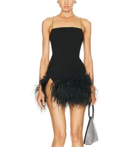 Summer Sleeveless Mini Feather Embellished Back Cross Black Club Dress