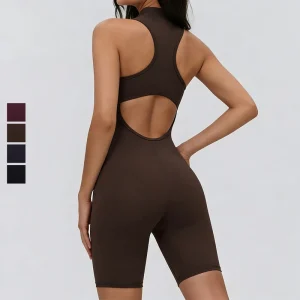 Summer Sleeveless Yoga Jumpsuit for Women Half Zip Open Back Bodysuit High Waist Biker Short Gym Activewear with Chest Pads