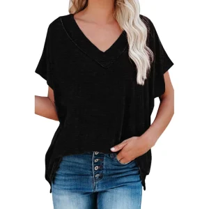 Summer Solid Color Casual Loose Fashion V-neck Casual Quantity T-shirt Plain Women’s T-shirts