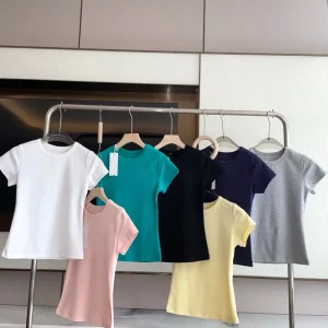 Summer Solid Color Slim-fit Crew Neck Short Sleeve Hot Stamped Sports Sexy Club Casual Cotton Spandex Women’s T-shirt