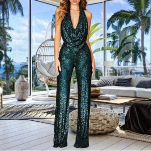 Summer Solid Fitness Women’s Sleeveless Glitter Fit Full Length Halter Jumpsuit for Party