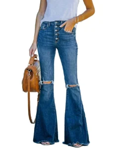 Summer Spring Vintage Fashionable Slim Fit High Waist New Style Stretch Denim Casual Ripped Flare Jeans for Women