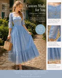 Summer Square Neck Lantern Sleeve Ditsy Floral Ruffle Midi Dress French Waist Cinched Lace Vintage Dress OEM Custom Available