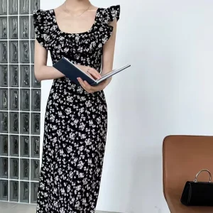 Summer Square Neckline Ruffled Floral Dress Women’s Summer off Shoulder Floral Dress