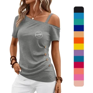 Summer Street Wear Custom Tshirt Off-shoulder Sexy Women Breathable Button up Design Cotton Women’s T-shirts 100 l