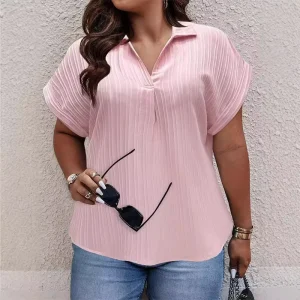 Summer Striped Pleated Casual Shirt for Women Plus Size Lapel Short Sleeved Polo Shirt