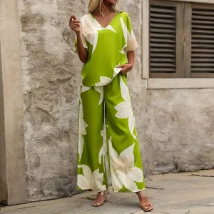 Summer Suit Printed V neck Batwing Sleeve Top Long Pants Fashion Two Piece Suit