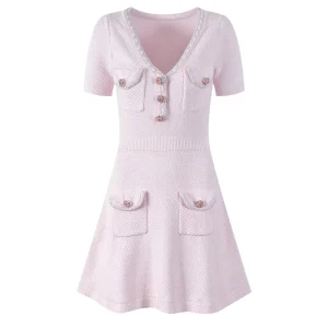 Summer Sweet Vivid Pink Women’s Casual A-Line V-Neck Short Sleeve Single-Breasted Mini Maxi Solid Vintage Knit Wear
