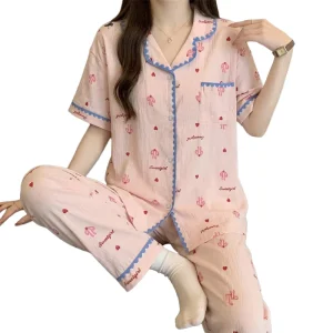 Summer Sweet style Women’s Pajamas Short sleeve Top And Long Bottoms High style Loungewear