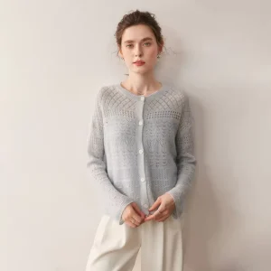 Summer Thin Cashmere Knit Cardigan Custom Solid Color Crew Neck Women’s Cashmere Blend Cardigan Wool Sweater
