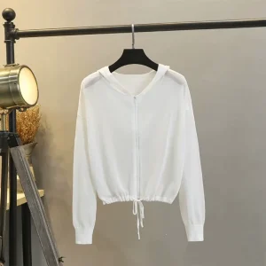 Summer Thin Ice Ribbon Sun Protection Cardigan Women’s Loose Short Zipper Hooded Air Conditioning Knitted Shirt