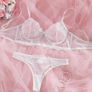 Summer Thin Lace Embroidered Sexy Transparent Mesh Breathable Two Piece Light Control Low Waist Underwear