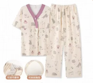 Summer Thin Maternity Pajamas Set with Built in Breast Pads Suitable for Pregnant Women and New Mothers