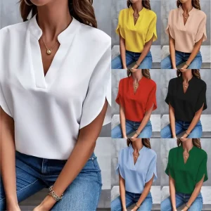 Summer Tops for Women Blouse Fashion Short Sleeve Solid V Neck Loose Shirts and Blouses Elegant Lady White Tops