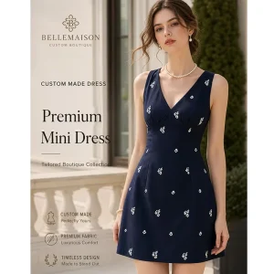 Summer V Neck Sleeveless Floral Printed Waist Cinched A Line Mini Dress Simple Elegant Commuter Dress