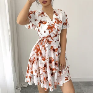 Summer Vacation Floral Ruffle Dress Women’s Casual Short Sleeve Beach Outfit Chiffon Fabric Natural Waistline Digital