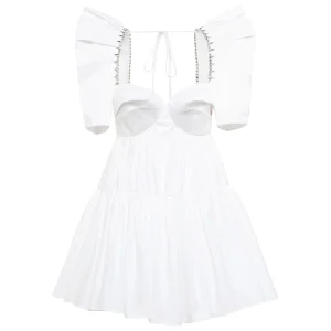 Summer White Sexy Rhinestone Capsleeves Generous Collar Short Dress Party Club Dress