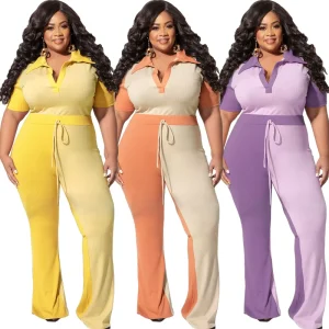 Summer Women Clothing Plus Size Paneled Rib Knit Pit Bars Women’s Sets